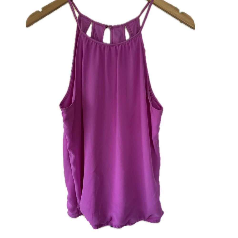 Express Chiffon High Neck Triple Open Back Keyhole Open Elastic Bottom Blouse M